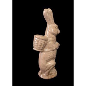 Vintage Glossy Brown Ceramic Easter Bunny With Basket Figurine 9" Farmhouse 80's